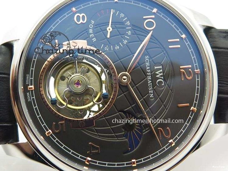MIROTIME 0428 Portuguese Tourbillon Power Reserve Moonphase SS Black Dial Gold Numbers On Black Leather Strap RelaxedFit 7320